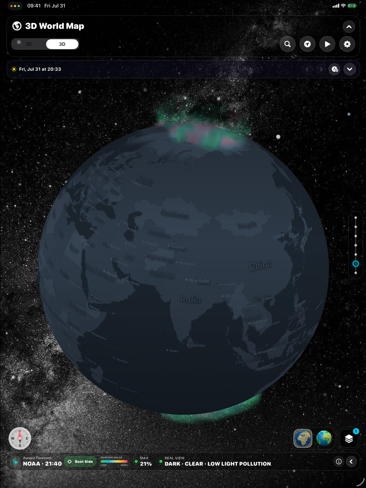 Aurora forecast over the 3D globe